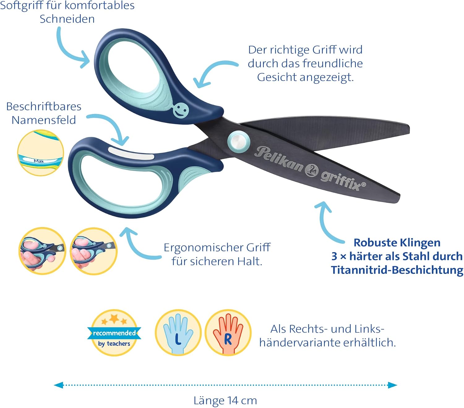 Pelikan Griffix School Scissors for Right-Handed/Left-Handed Users For Left-Handers, blue