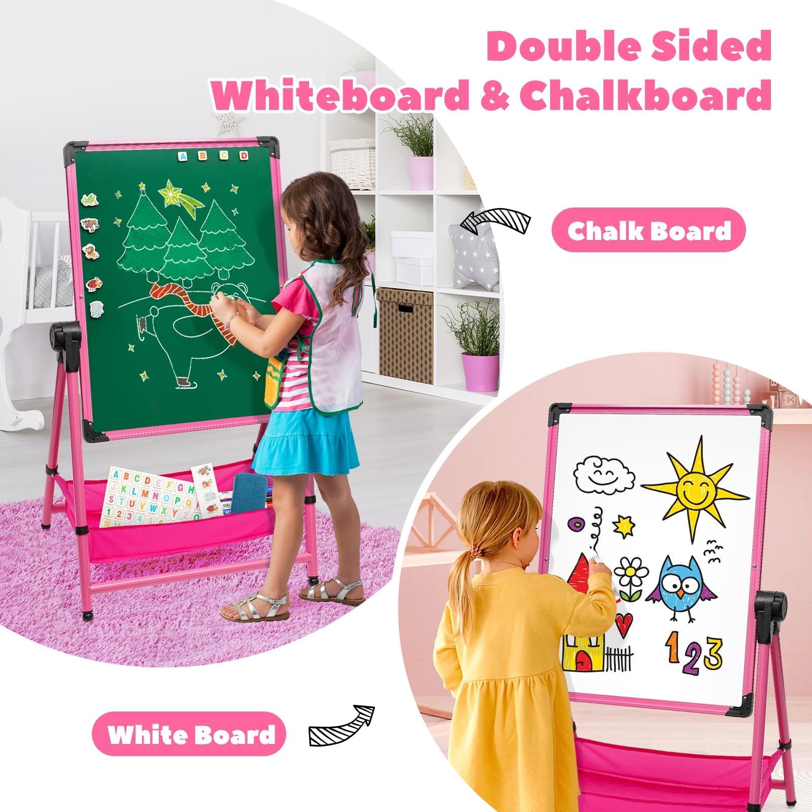 Caballetes para Niños Pizarra Caballete Infantil de Doble Cara con Altura Ajustable 75-112cm Chalkboard Whiteboard 360° giratorio con accesorios