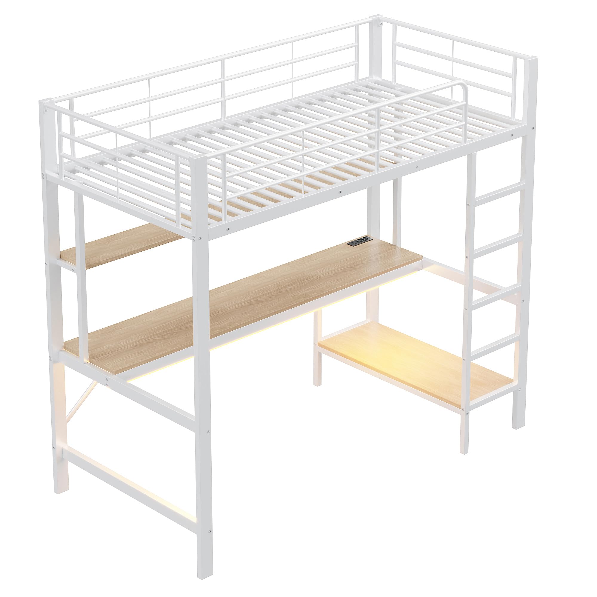 Zepneiy Lit Mezzanine 1 Place avec LED et USB, lit Mezzanine avec Bureau et Plusieurs étagères,Lit Superposé Enfant 90x200 avec échelle et Balustrade, Blanc (sans Matelas)