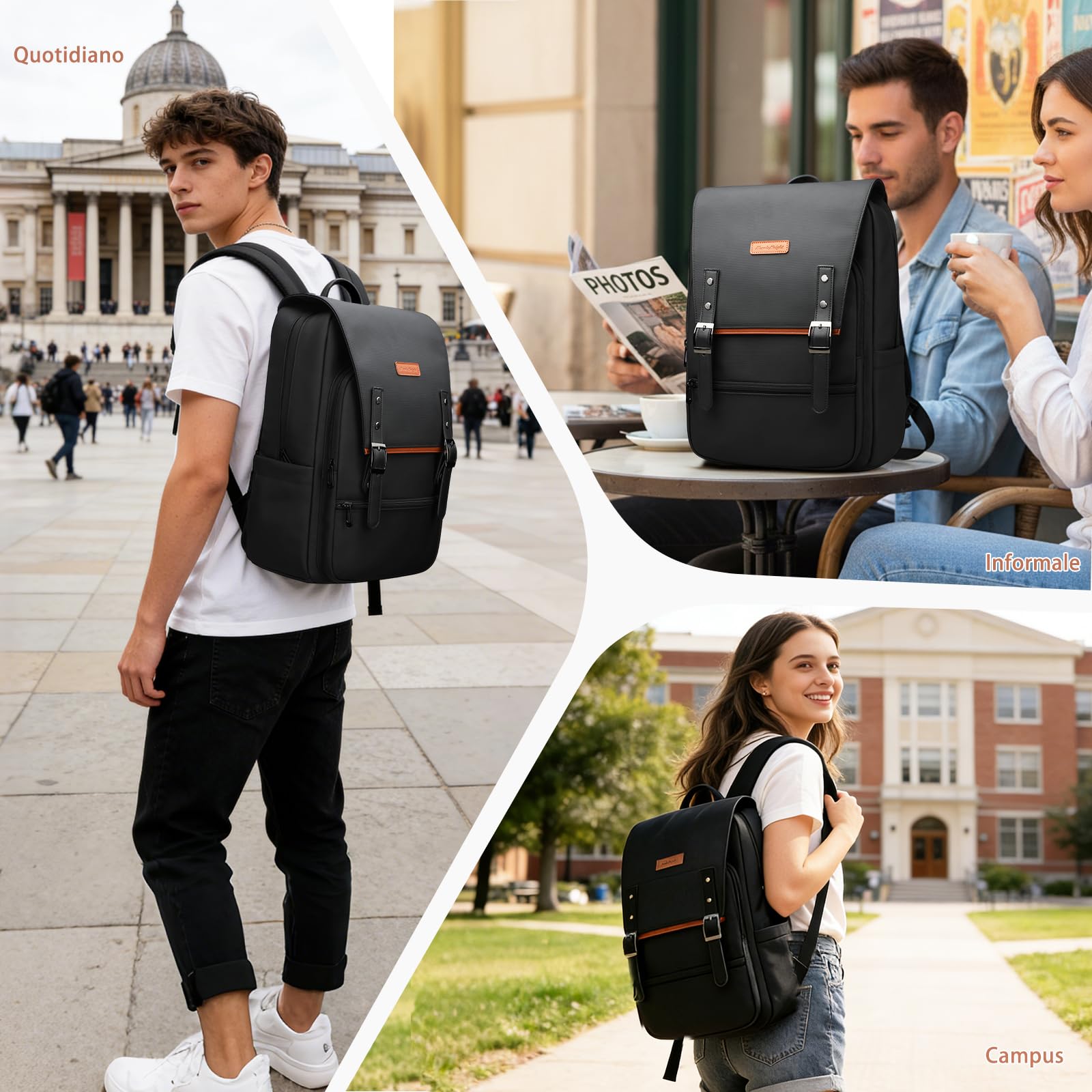 hk Zaino Vintage Uomo Donna Porta PC 15,6 Pollici | Zaino Laptop Impermeabile con Patta Magnetica, Zaino Antifurto Casual Leggero per Lavoro Università Viaggio Business, Nero