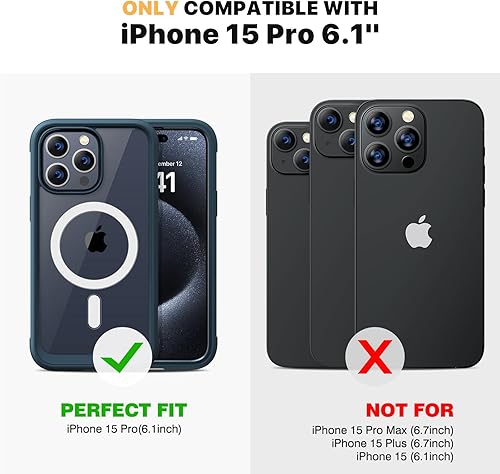 Miniatura 6 de Diaclara Funda magnética para iPhone 15 Pro compatible con MagSafe protector de pantalla integrado antiarañazos y protector de cámara, funda militar
