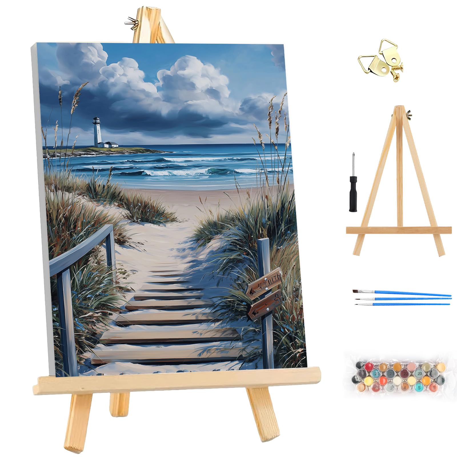 MEIYUDA Paint by Numbers Kits for Adult with Frame & Wooden Easel, Landscape Seaside DIY Canvas Oil Painting Kit for Adult or Beginner, Arts and Crafts Kit for Home Wall Decor 25x35cm
