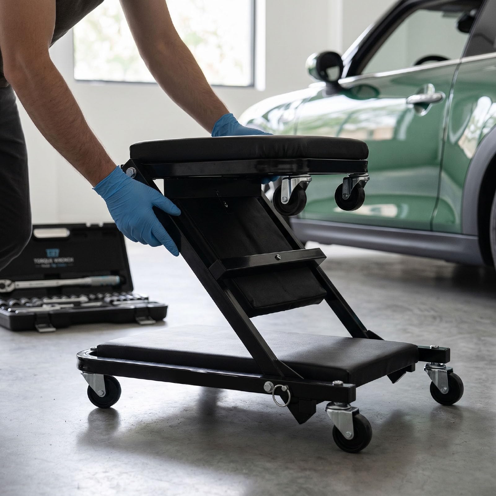 KIMISS Enredadera con Ruedas para Debajo del Automóvil Silla de Garaje con Ruedas Enredadera Mecánica Asiento 3 en 1 Plegable de Perfil bajo 6 Giratorias Respaldo del (Black)