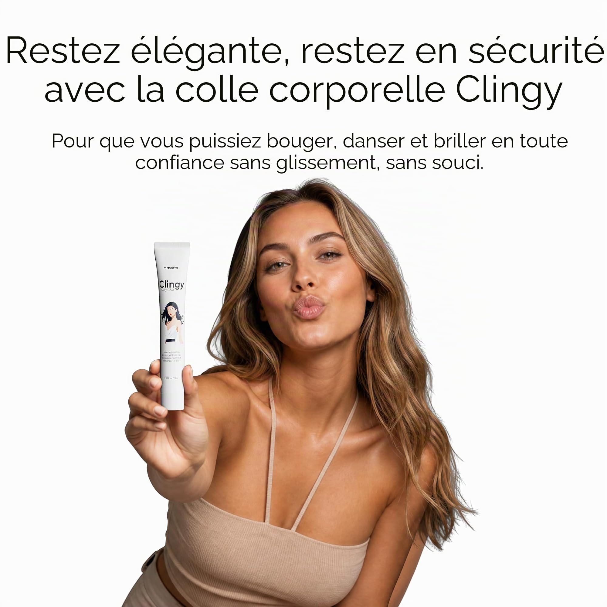 Masotta Clingy Colle pour le corps : adhésif résistant à la transpiration et sans danger pour la peau, idéal pour la mode et le coiffage. Fixateur pour vêtements et vêtements sans bretelles, roll-on