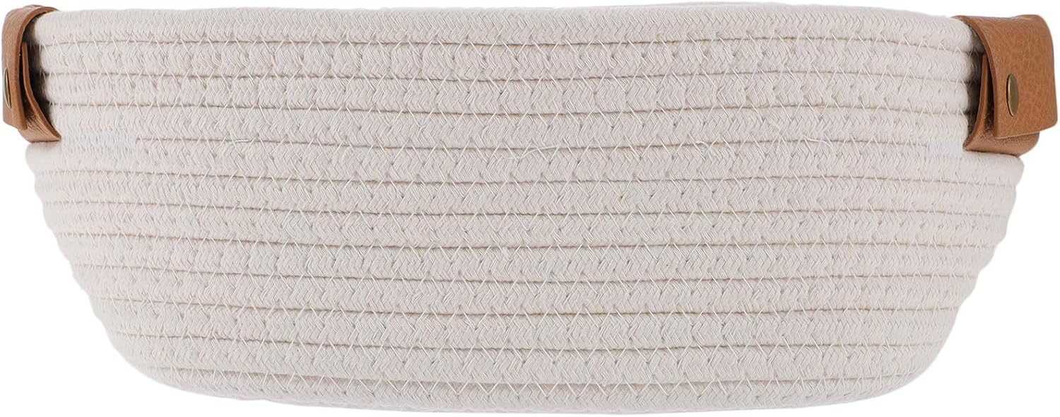 Rope Basket for Storage Handles White Cotton Leather Bedroom