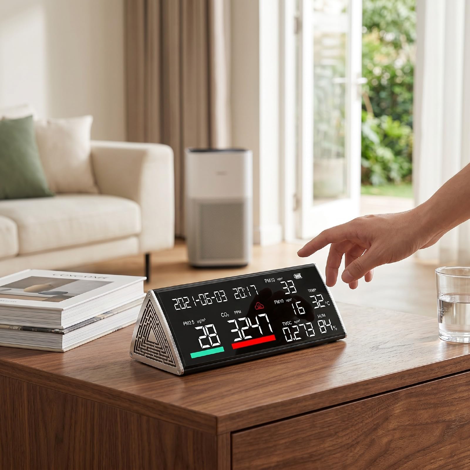Misuratore della qualità Dell'aria, Rilevatore di umidità della Temperatura CO2 PM2.5 TVOC | Corpo in ABS, LCD da 9 pollici, data e ora, batteria da 5000 mAh, allarme sonoro e visivo, impostazione soglia, per hotel