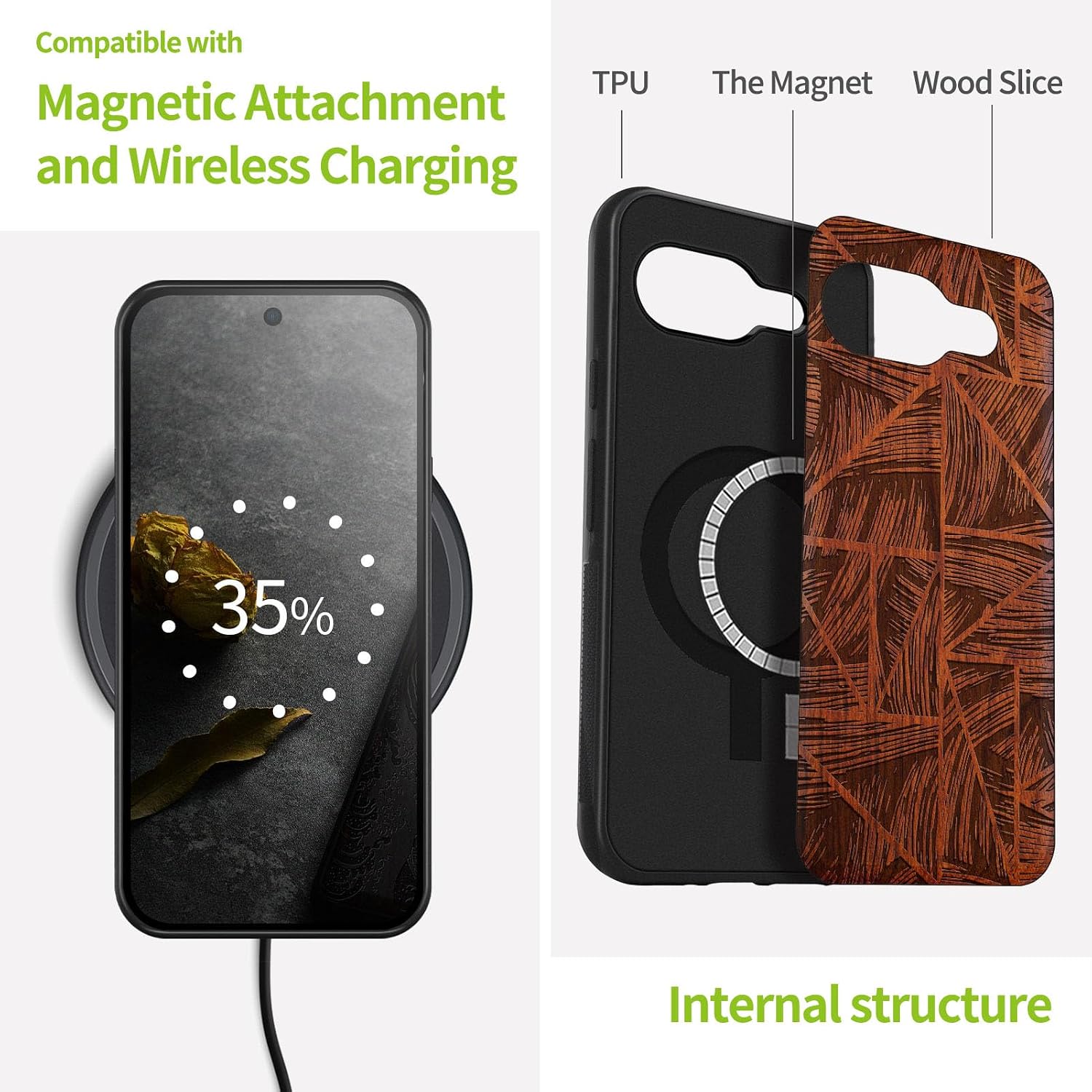 Carveit Magnetic Wooden Case for Google Pixel 9a Case, Wood Artisan Engraved & Soft TPU Shockproof Cover, Compatible with MagSafe Wireless Chargers (The Doodle Wave Pattern) Rosy