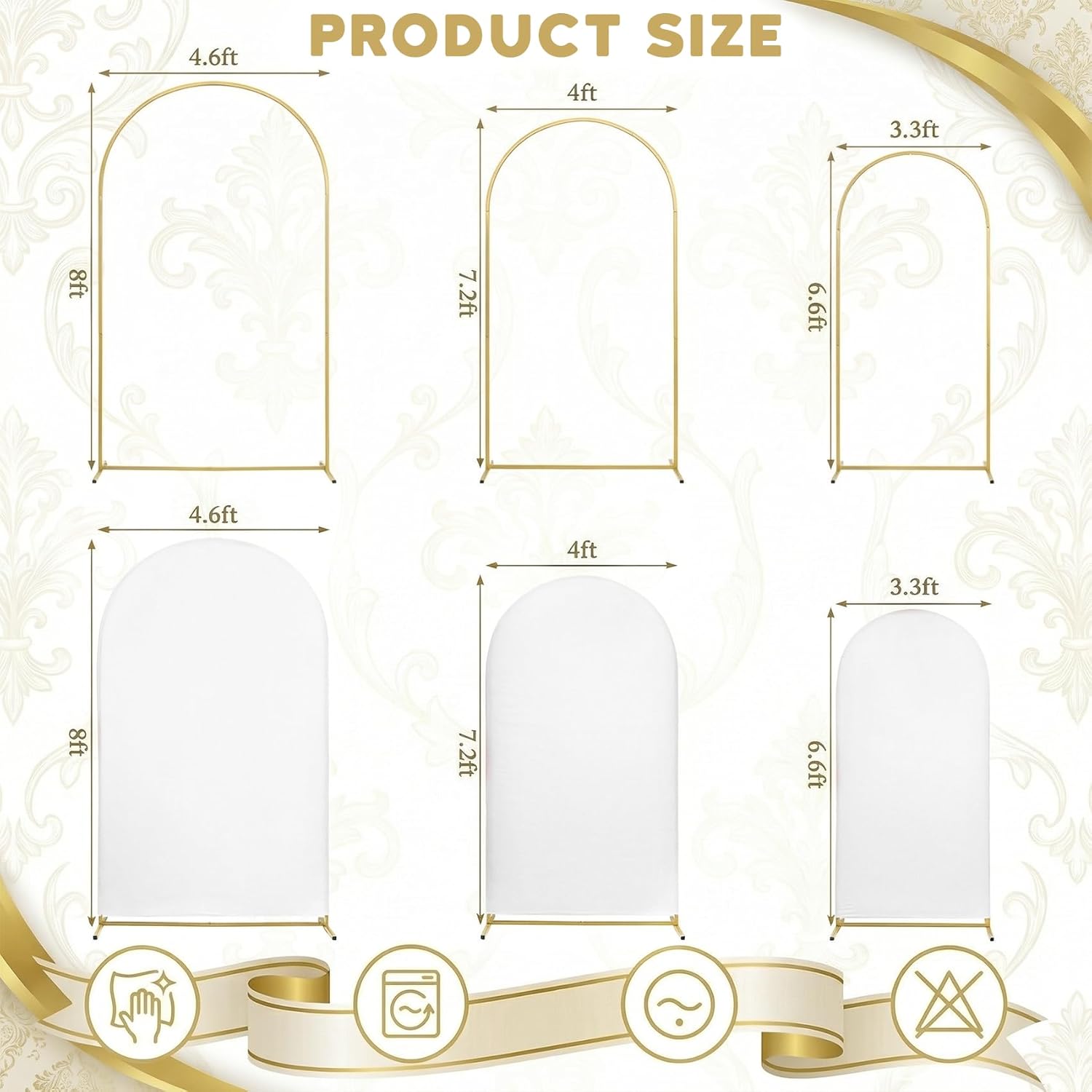 Toolterritary Set of 3 Metal Arch Backdrop Stand with Cover Set, (8FT, 7.2FT, 6.6FT Wedding Arch and Cover Set), Backdrop Arch for Party, Baby Shower, Birthday, and Graduation Ceremony