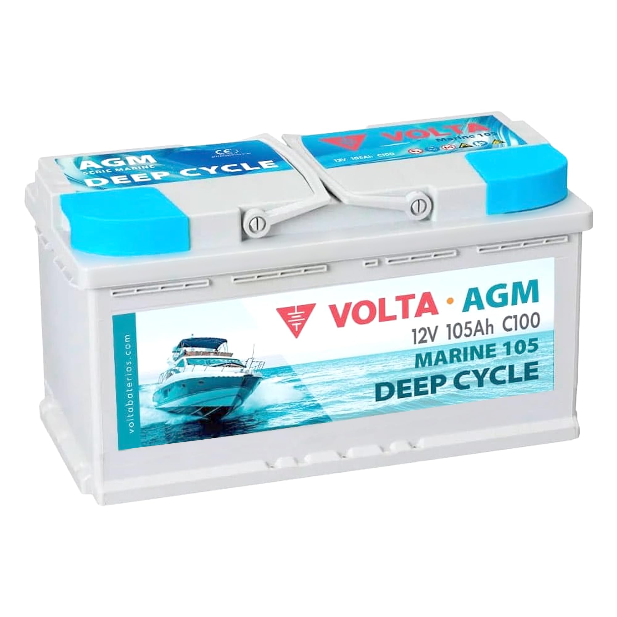 Batería para Barco Volta Marine 105, AGM 12V 105Ah, Especial Embarcaciones, Batería Barco 12v (AGM Deep Cycle) Gran Vida Útil, 353x175x190 mm, Fabricación Europea, Bateria Solar de Ciclo Profundo