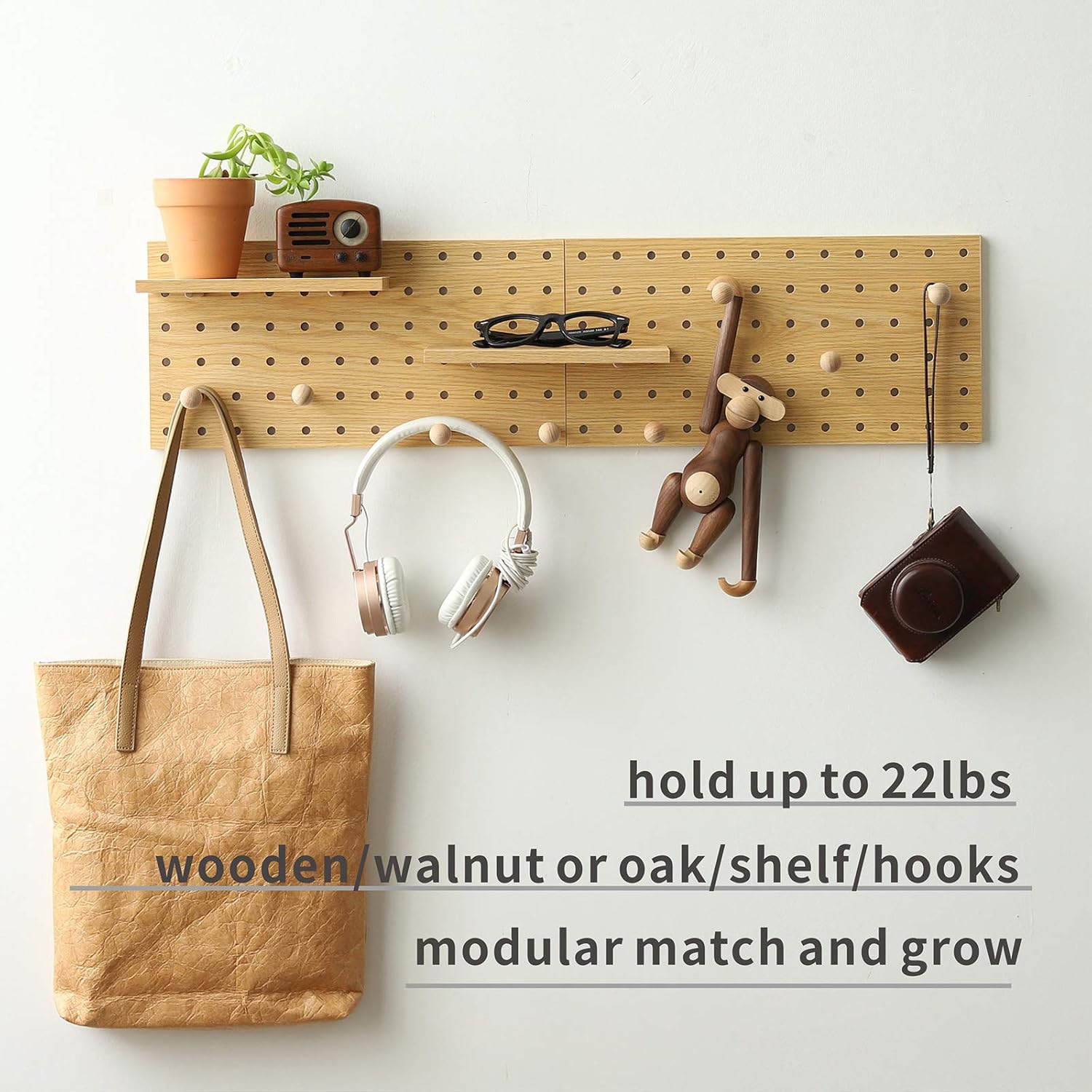 Wooden Pegboard Modular Display Organization Storage Wall Hooks Shelf(Color:Oak)