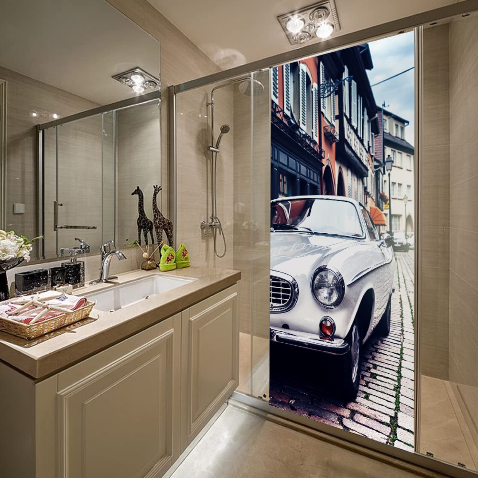 Sticker Porte Trompe l'oeil Effect Papier Peint 3D Voiture de rue pour Porte intérieure Bureau Chambre à Coucher Salon Salle de Bain Pont L100 x H200cm
