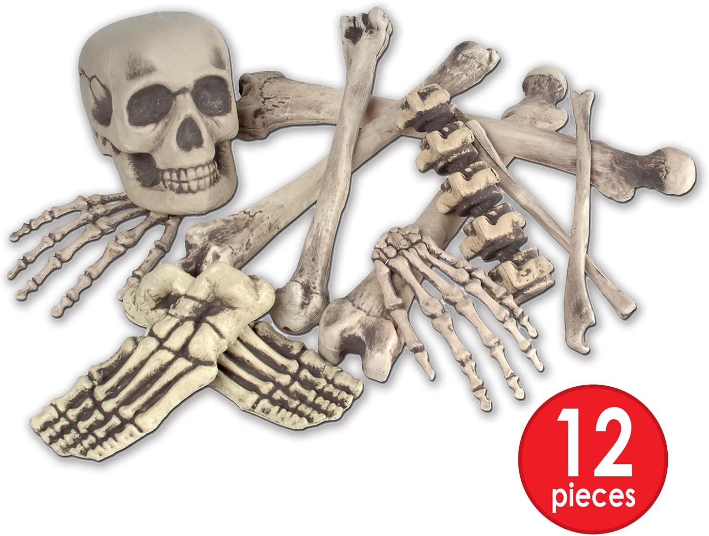 Skeleton Decoration Bone Décor Beistle 12 Piece Plastic Novelty Skeleton Bones and Skull Horror Haunted House Prop Decorations Spooky Halloween Party Supplies, 6"-16", Off White/Gray