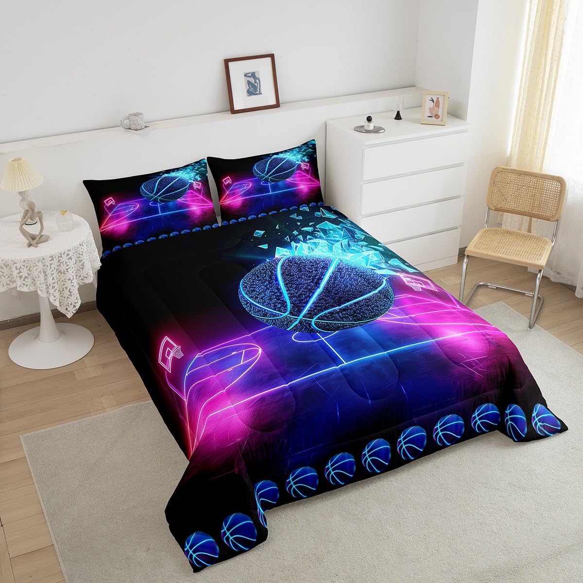 Basketball Comforter Set Queen Size Neon Sport Bedding Set For Kids Boys Girls Teens Blue Purple Gradient Glowing Basketball Down Comforter Room Decor Lightweight 2 pillow cases Duvet Insert