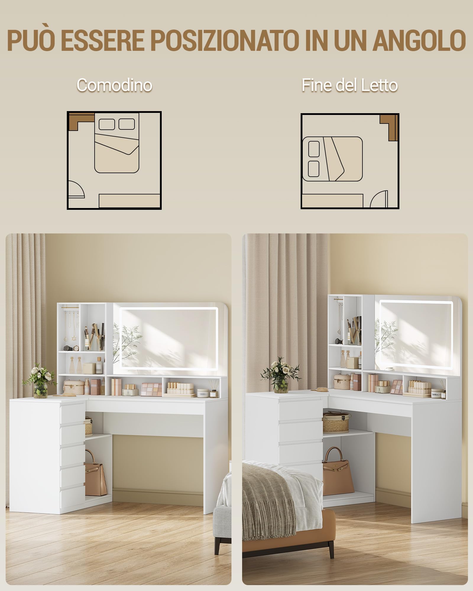 Hzuaneri Toeletta da Trucco Grande con Illuminazione a LED, Toeletta da Trucco con specchio, Postazione Truccos angolare a L con 5 cassetti, 7 scomparti aperti, ganci per collane, Bianco DT42503XEU