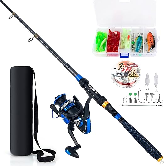 AlwaysGO Fishing Rod and Reel Combos with Fishing Line, Lures Kit and Carrier Bag for Saltwater Freshwater, Carbon Fiber Telescopic Pole for Father, Husband or Beginner