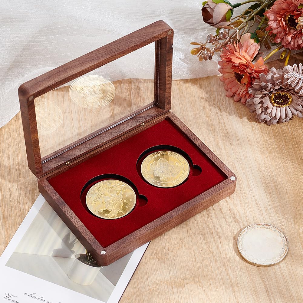 PLIGREAT Wood Double Coins Display Box, Rectangular Coin Collection Display Wooden Challenge Coin Presentation Displays Box Storage Case Commemorative Coins Holder for Collectors, 5.2