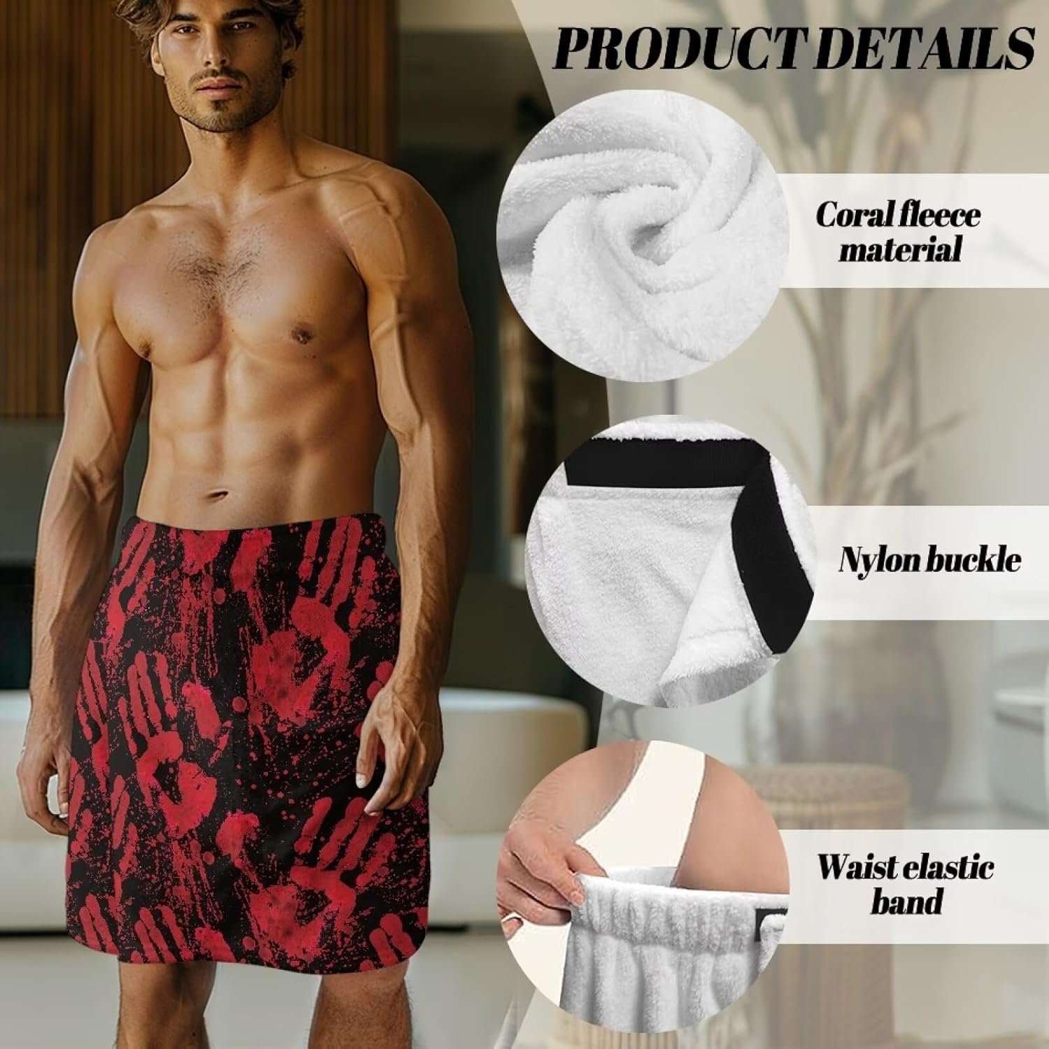 GLENLCWE Blood Hand Mens Shower Wrap Adjustable Velour Wrap Absorbent Bath Wrap Towel Halloween Bath Towel After Shower Towel Wrap for Men with Pocket