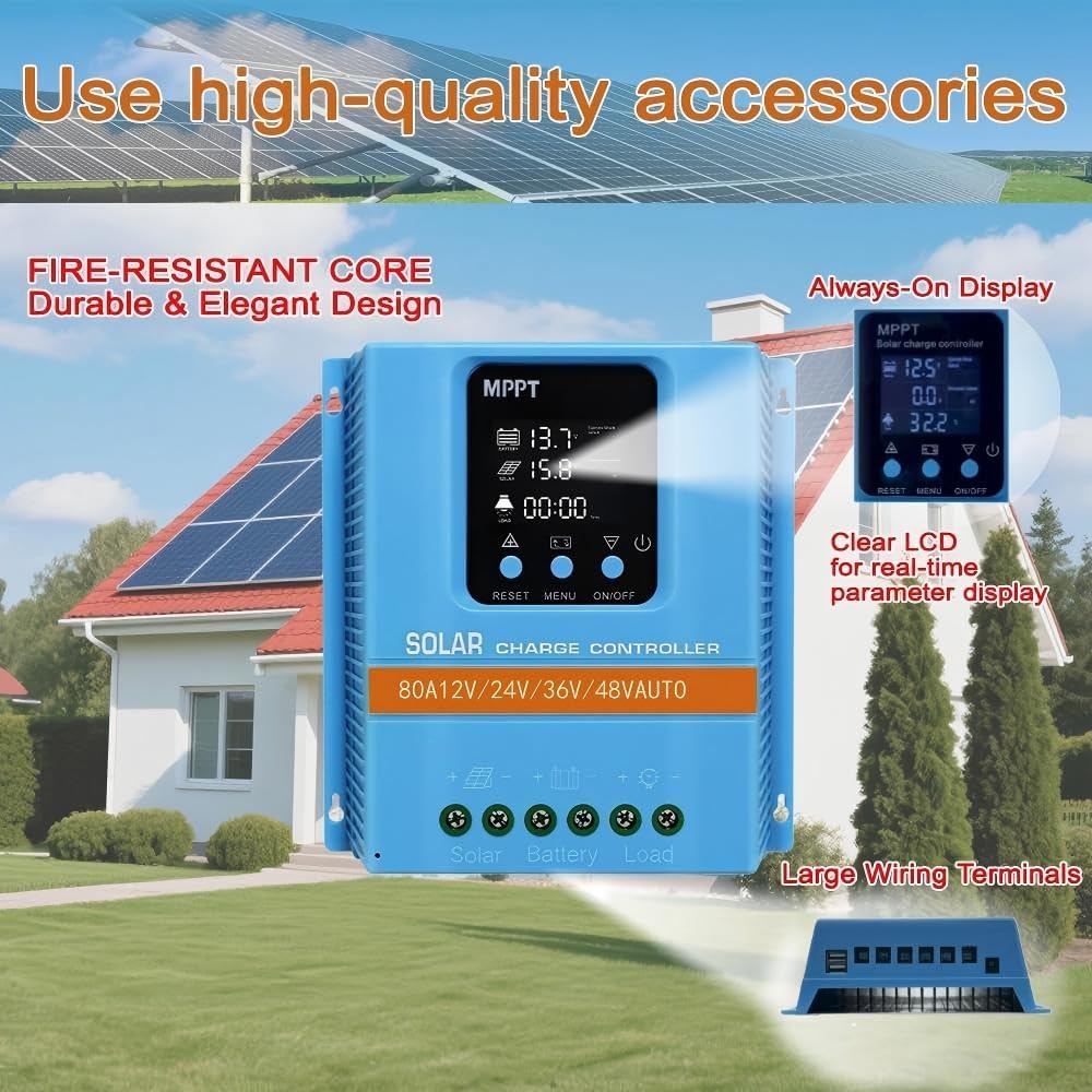 Solar Charge Controller 80A 12V 24V 36V 48V Intelligent Recognition LCD Display Battery Intelligent Regulator Maximum 100V Input Dual USB for Lead Acid/Lithium Battery