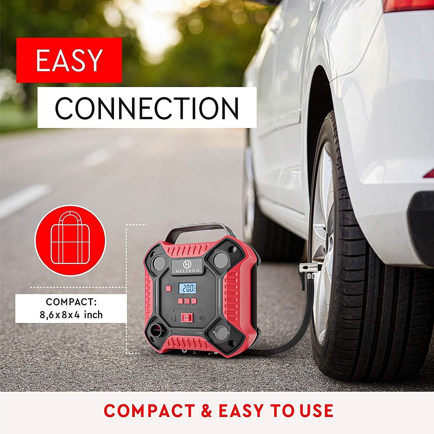 Helteko Air Compressor Tire Inflator - DC 12V Tire Pump for Car Tires with Dual Motors and LED Light - Digital Auto Air Pump with Carrying Case – Portable Air Compressor for Car, Bicycle, Inflatables