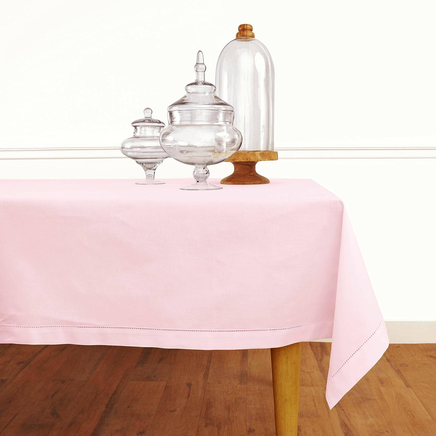 Solino Home Pink Tablecloth 58 x 84 Inch - Cotton Linen Hemstitch Rectangular Tablecloth - Machine Washable Table Cloth for Mothers Day, Spring, Easter