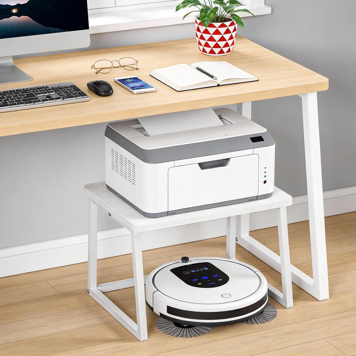HOOBRO Printer Stand with Storage for Desk, 2-Tier Desktop Printer Shelf, Desk Organizer for Office, Kitchen, Living Room, White WW16PS01