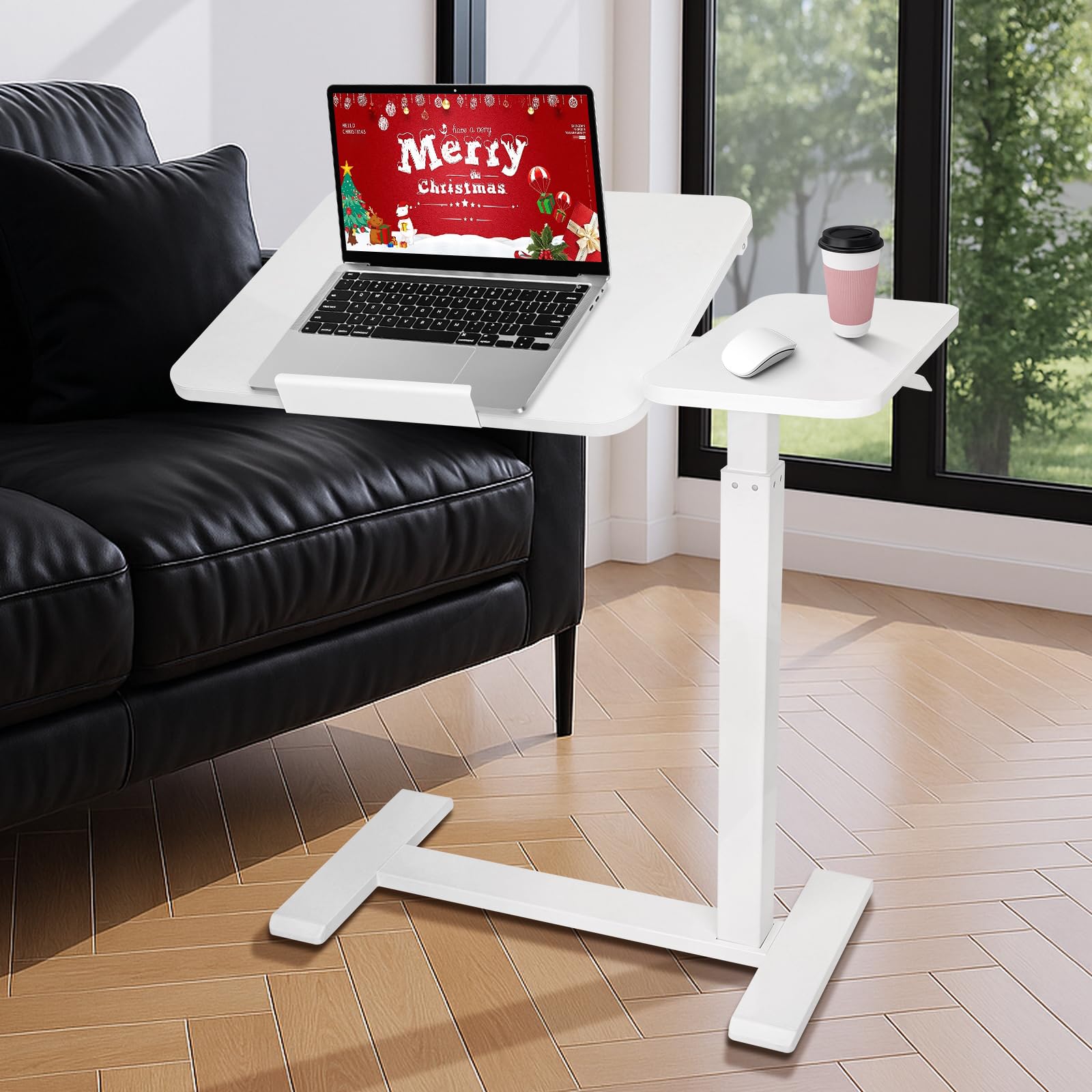 Mesa de Cama neumática Ajustable con Ruedas, Parte Superior Dividida, Mesa de Noche reclinable con Bandeja rodante para Ordenador portátil, Ordenador portátil, Altura 66-106 cm