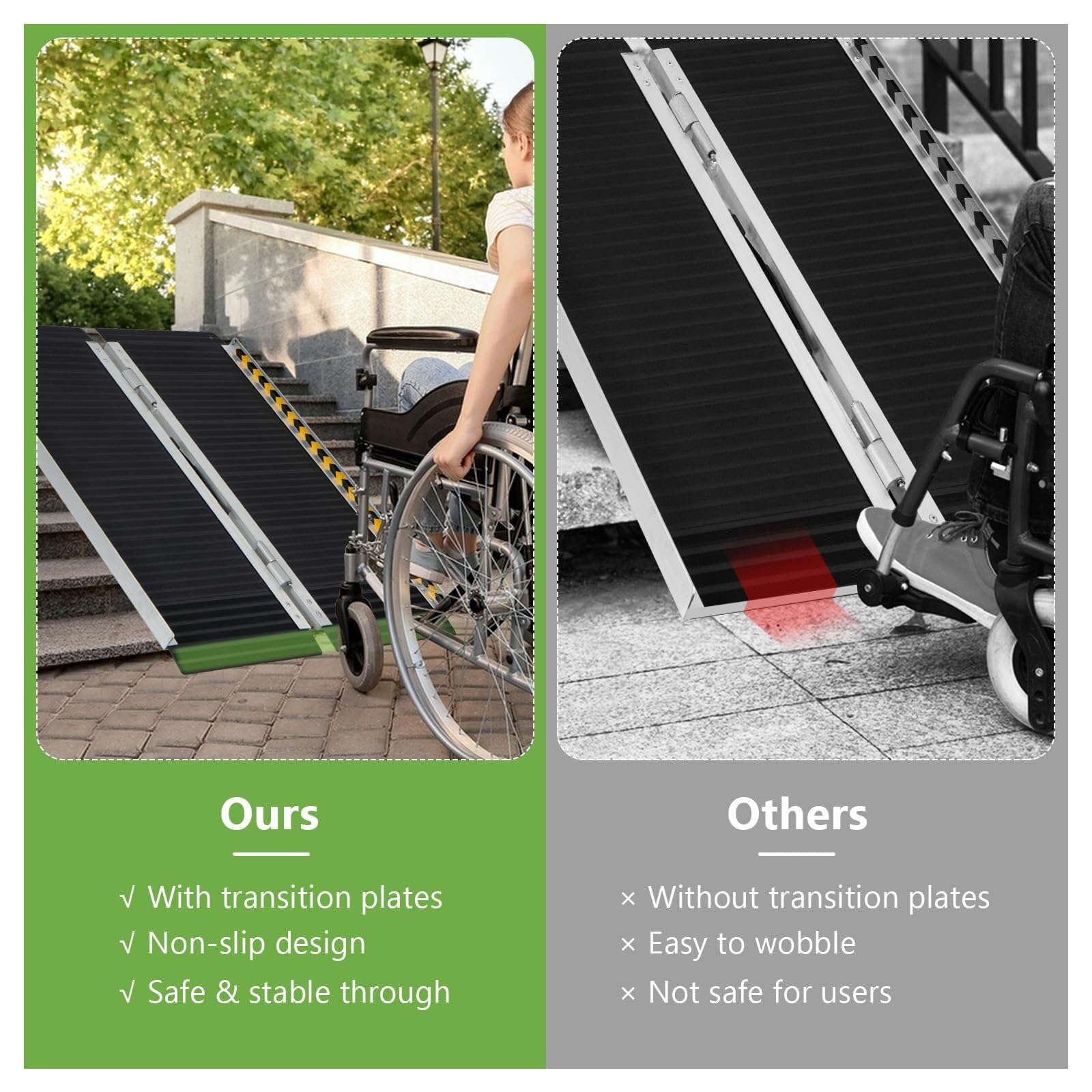 Rampa portátil de aluminio con superficie antideslizante y calcomanías reflectantes para acceso de silla de ruedas en escalones y escaleras