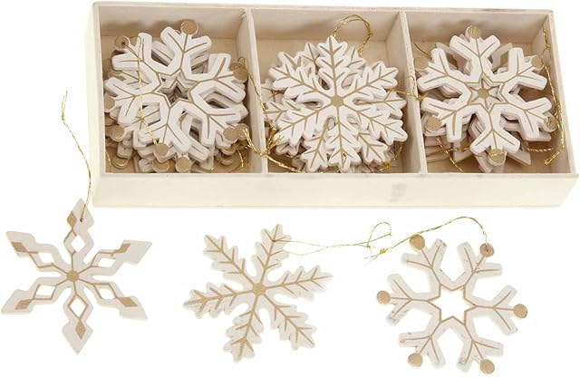 Wooden Snowflakes for Christmas Tree Decoration Pack of 12 Cream and Gold