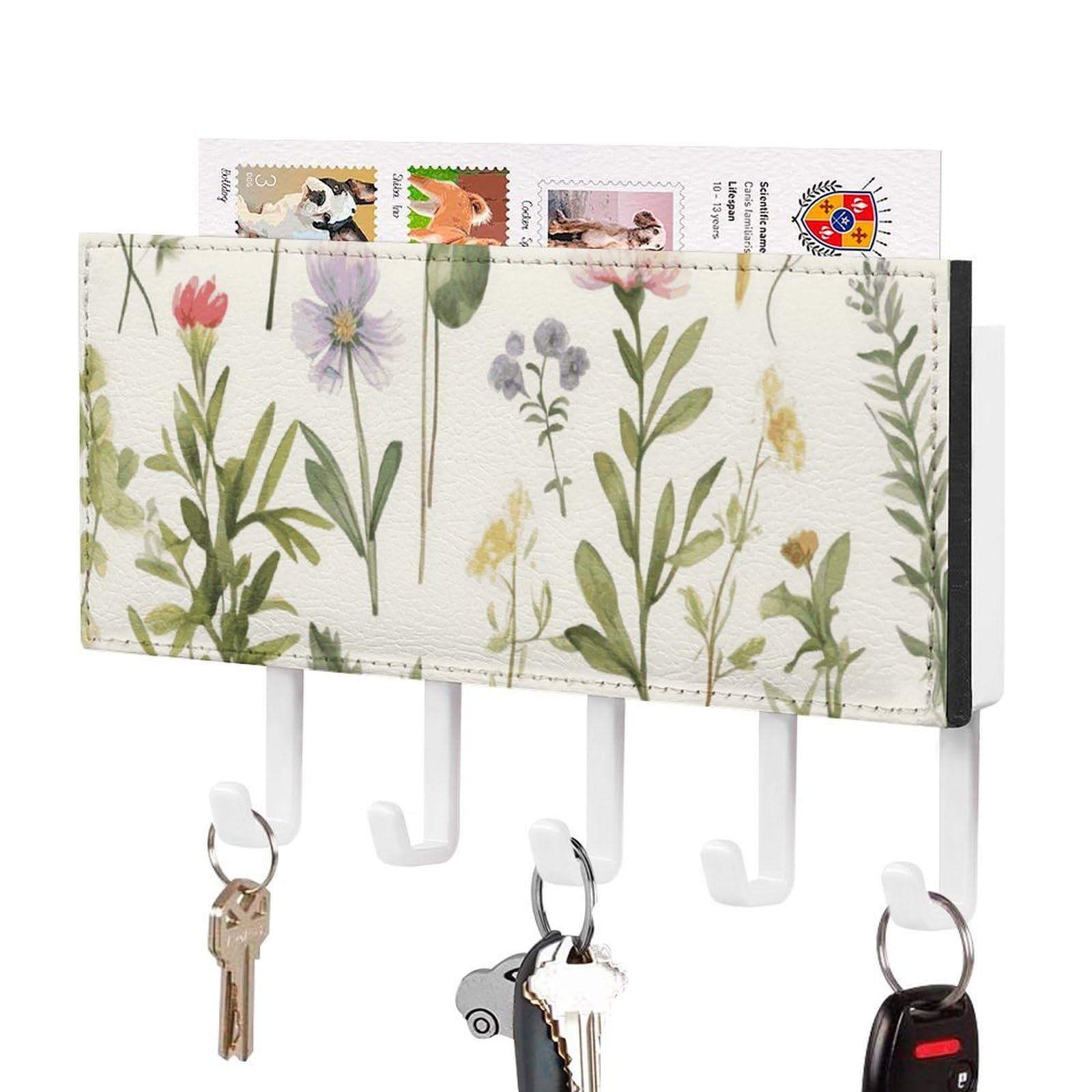 JTREHY Season Watercolors of Herbs Flowersb Holder Wall-Mounted Key and Mail Holder,Key Rack with 5Keys Hooks, Easy to Install Mail Organizer for Entryway, Front Door, Hallway, Office