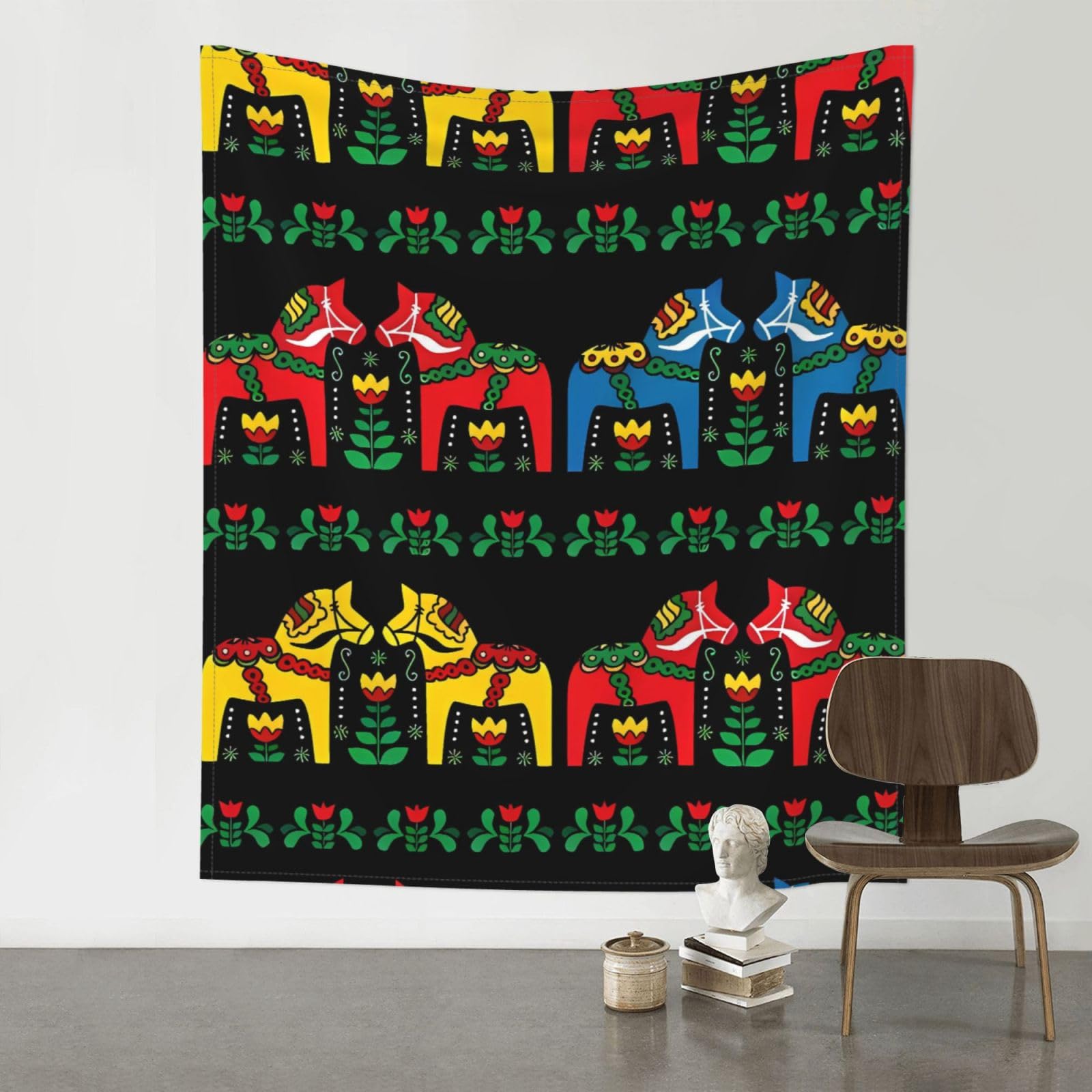 YYHWHJDE Runner Swedish Dala Horse Folk Prints 60x51in Wall Tapestry – High-Grade Polyester Throw for Dorm, Beach & Home Decor
