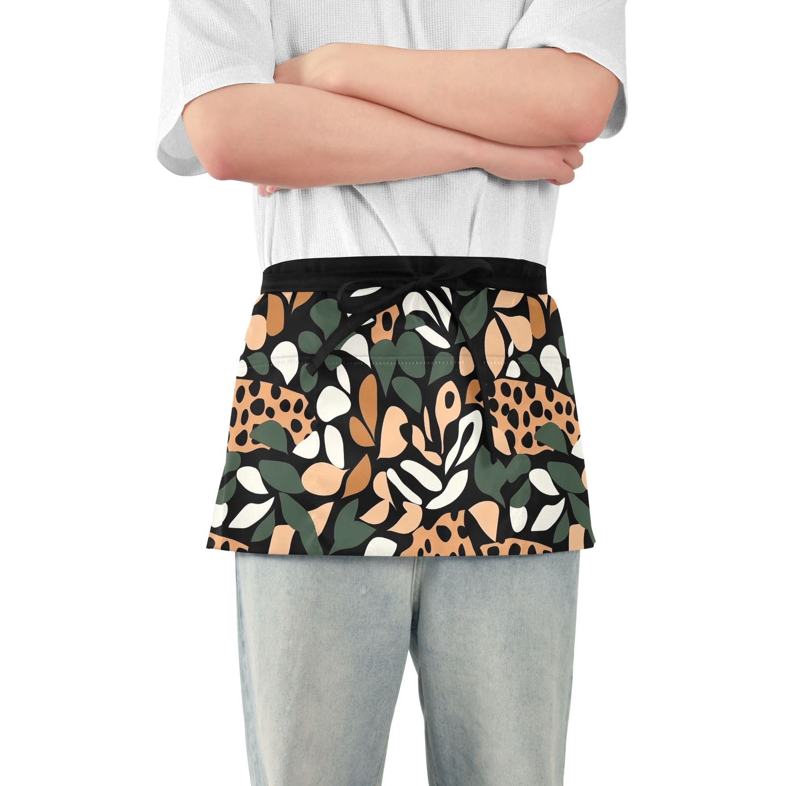 ODAWA Leopard Print Leaves Waist Apron Apron for Servers with Pockets Aprons for Men Waist