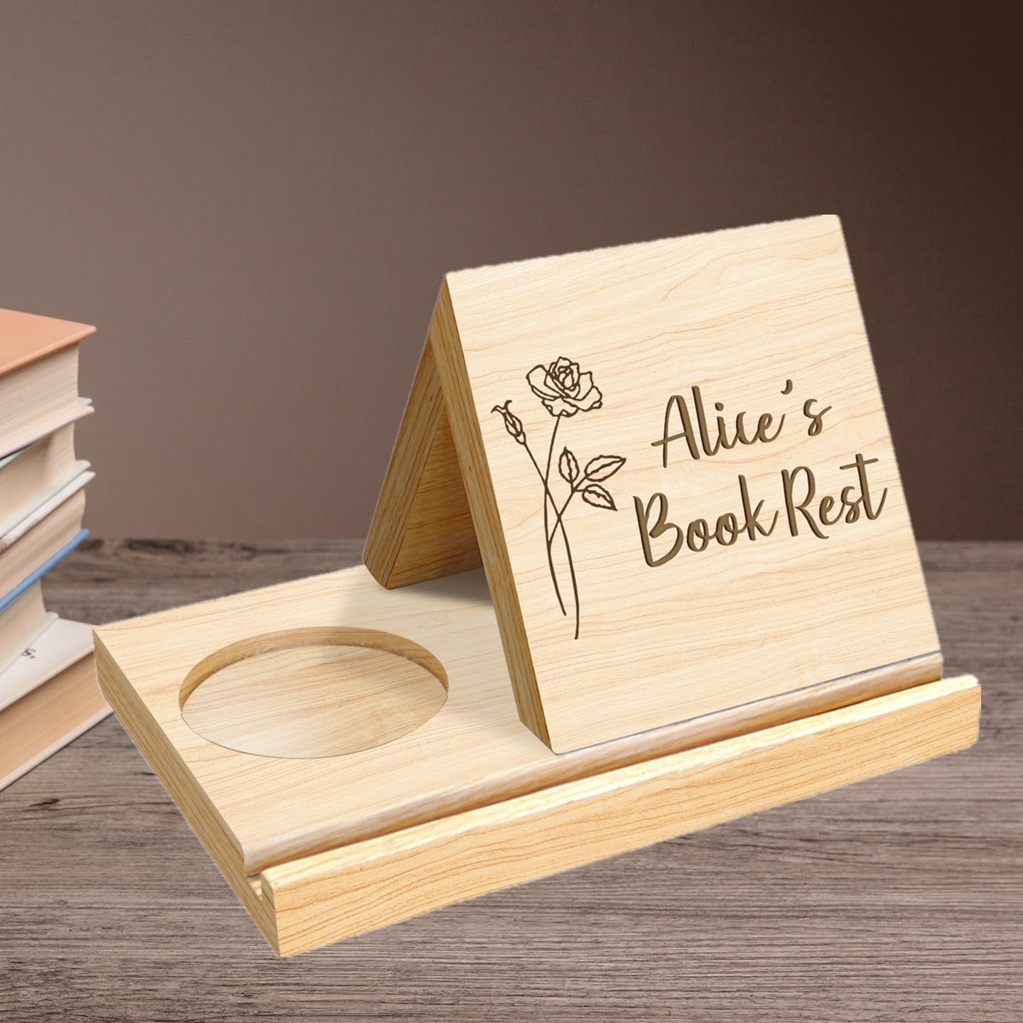 Estantería personalizada con diseño de flor de nacimiento de madera de roble macizo, soporte para libros de madera con texto personalizado, soporte