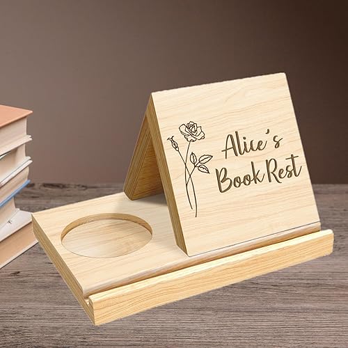Estantería personalizada con diseño de flor de nacimiento de madera de roble macizo, soporte para libros de madera con texto personalizado, soporte