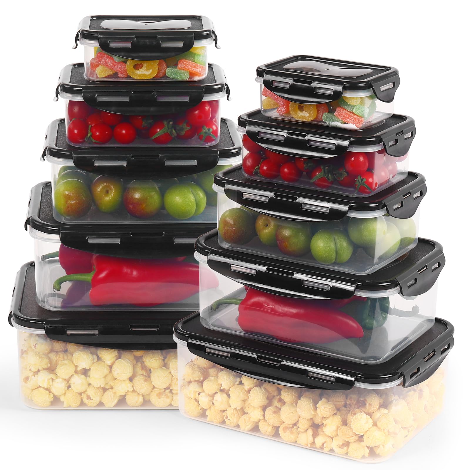 Plastic Food Storage Containers - 20 Pieces (10 containers & 10 Lids) Food Containers, Air Tight Lids, Freezer, Microwave & Dishwasher Safe. (Black)
