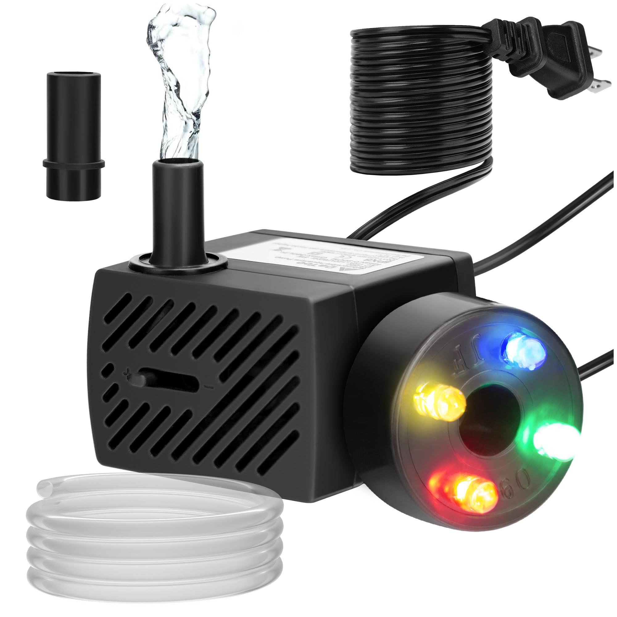 DaToo Mini Submersible Fountain Water Pump With LED Light 95GPH 5W Small Ultra Quiet Water Pump With Tubing For Aquarium Fish Tank Outdoor Pond Water