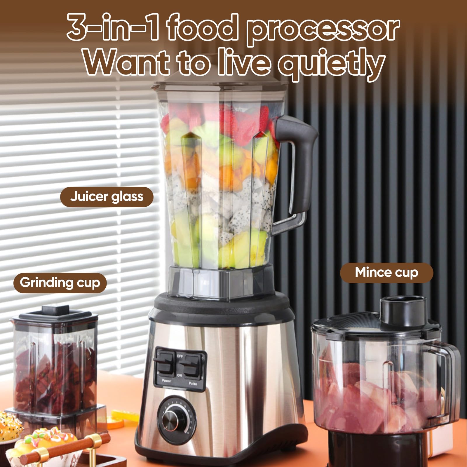 Batidora Profesional 3 en 1, 9500W, Licuadoras para Zumos y Batidos,15 Velocidades Ajustables 3 vasos Mezcladores Cuchillas de Acero Inoxidable,Batidora de Jarra para Batidos y Smoothies. - 2