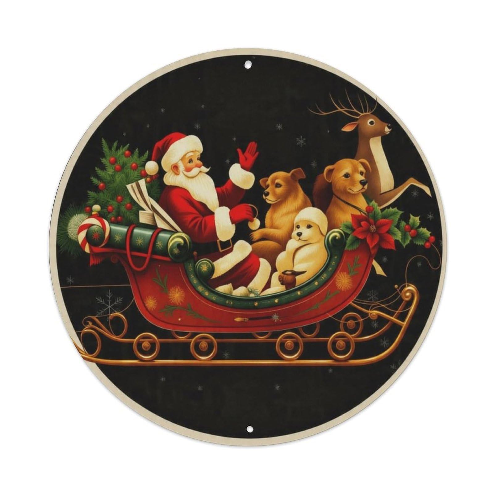 Christmas Sleigh Santa Claus Cute Pet Vintage Round Decor Sign Vintage Aluminium Metal Sign, Retro Wall Decor for Home, Bar, Garage & Farmhouse 20x20cm
