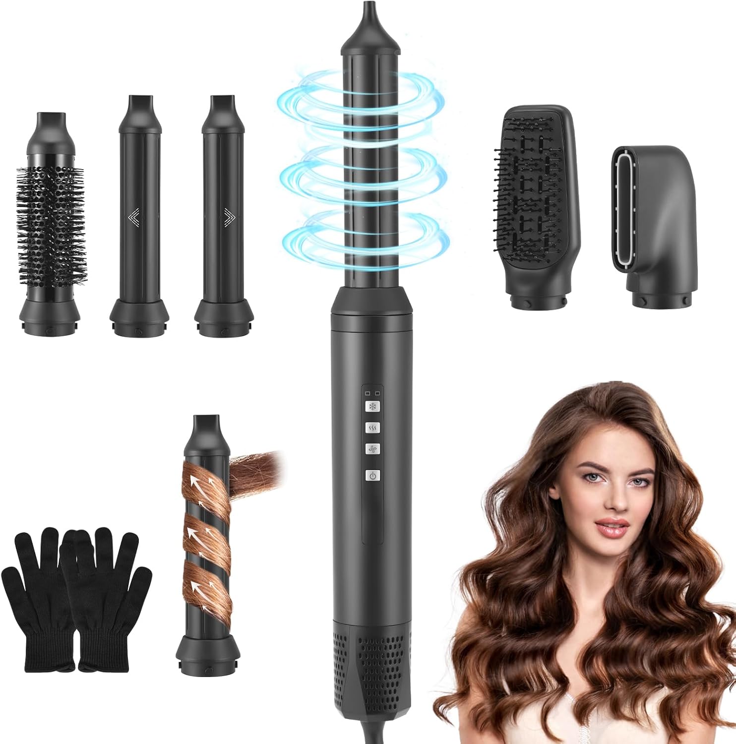 Air Styler 5 in 1 1200 W 110,000 rpm Hair Styler Negative Wages with Automatic Curling Iron, Hair Styling Set with 5 Attachments for Drying, Curling, Smoothing, Rotating Hot Air Brush for