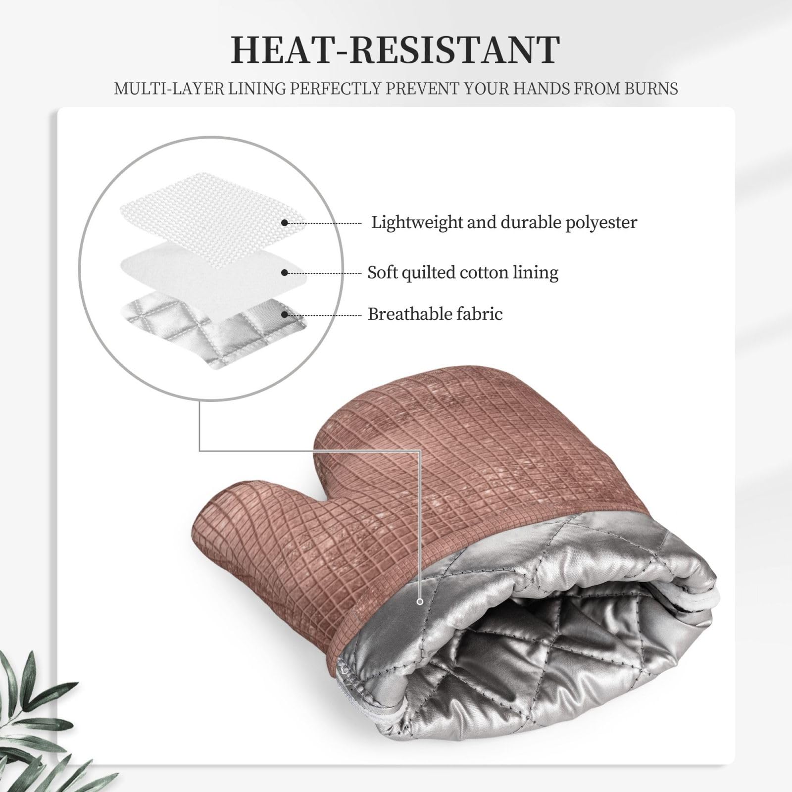 Juego de Cuatro Guantes y Manoplas Resistentes al Calor para Hornear, Guantes de Cocina Antideslizantes, Manoplas para Horno, Hermoso Brillo Oro Rosa Moderno.