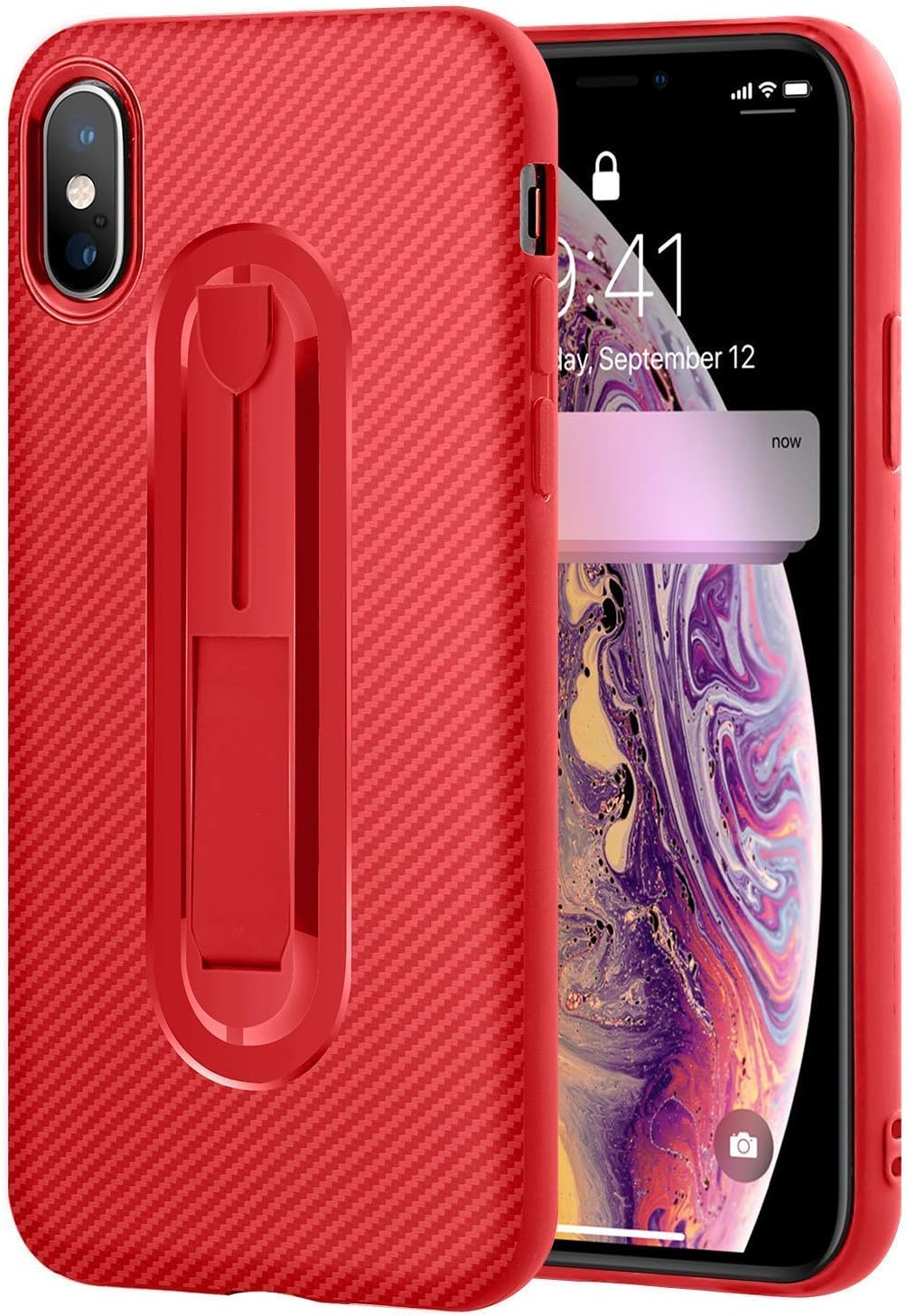 iPhone case iPhone Xs with Invisible Kickstand, Thin Phone Cover with Durable Soft TPU Compatible iPhone X/Xs 5.8 inch/Carbon Fiber (Red)