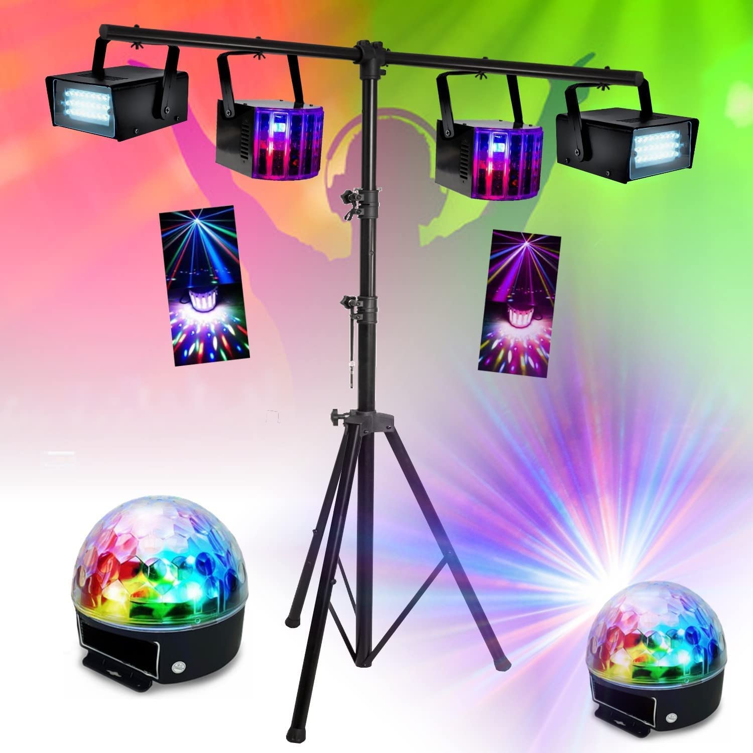 Pack light DJ 6 jeux de lumière compacts et puissants + 1 Portique DJ robuste - PA DJ SONO MIX LED idéal soirée anniversaire mariage - Bar led club disco