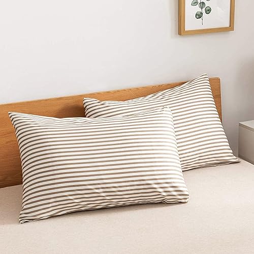 Miniatura 4 de JELLYMONI Juego de fundas de almohada 100% algodón natural a rayas, paquete de 2 fundas de almohada con estampado de rayas blancas y caqui con