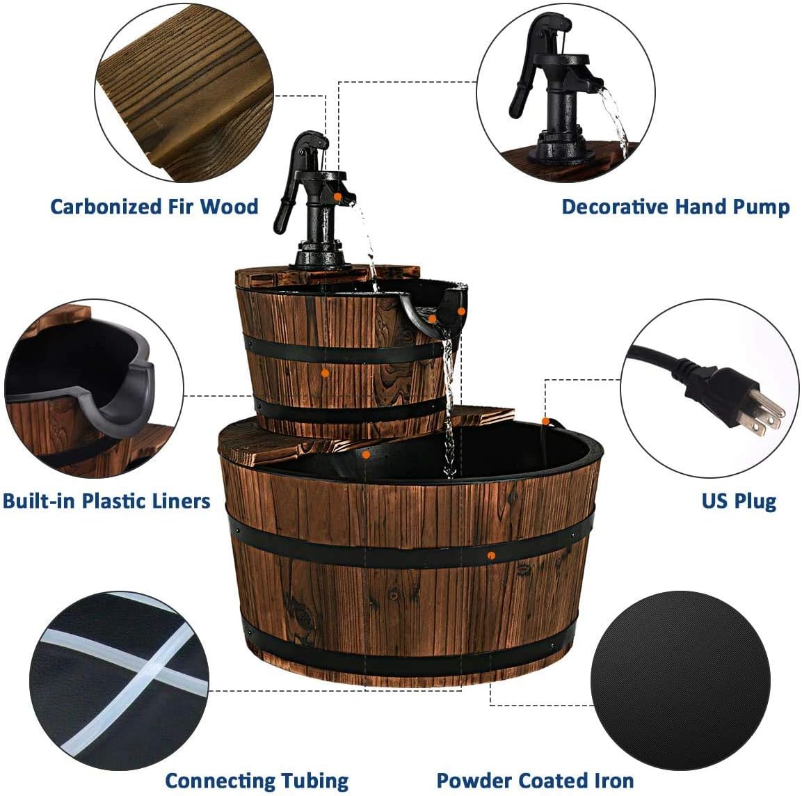 S AFSTAR 2-Tier Barrel Water Fountain Outdoor, Rustic Cascade Fountains with Hand Pump & Adjustable Water Flow, Freestanding Fountains for Garden Patio Backyard Porch Decor