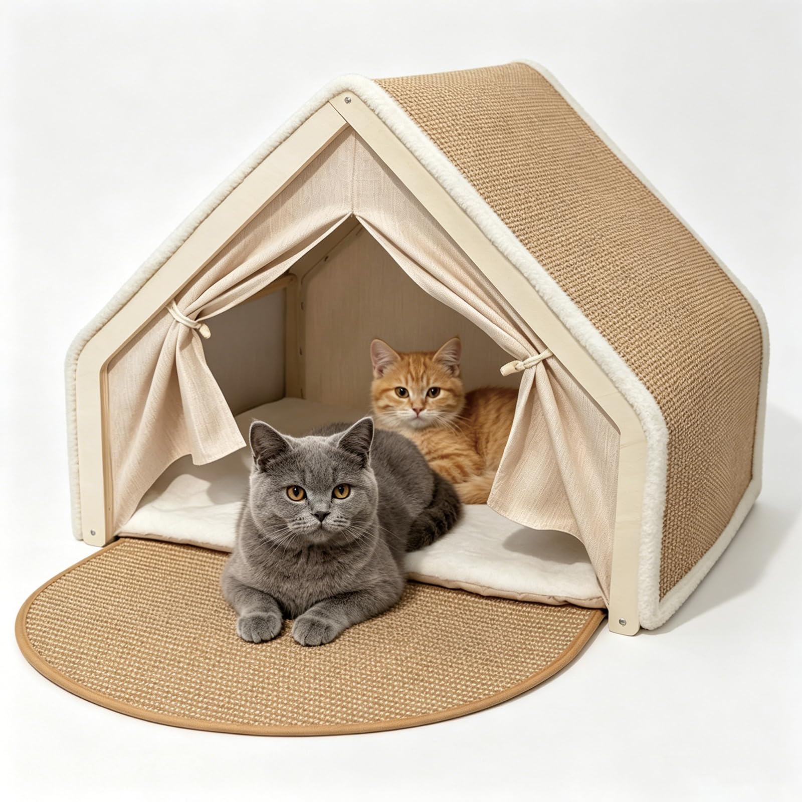 Katzenhaus mit Kratzbrett,2-in-1 Holz Katzenzelt Indoor mit Sisal - Beige