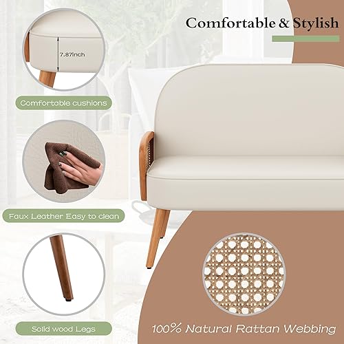 Miniatura 3 de Aklaus Sofá biplaza pequeño de piel sintética de 45 pulgadas de ancho con brazos de ratán natural, mini sofá tapizado moderno con respaldo para sala