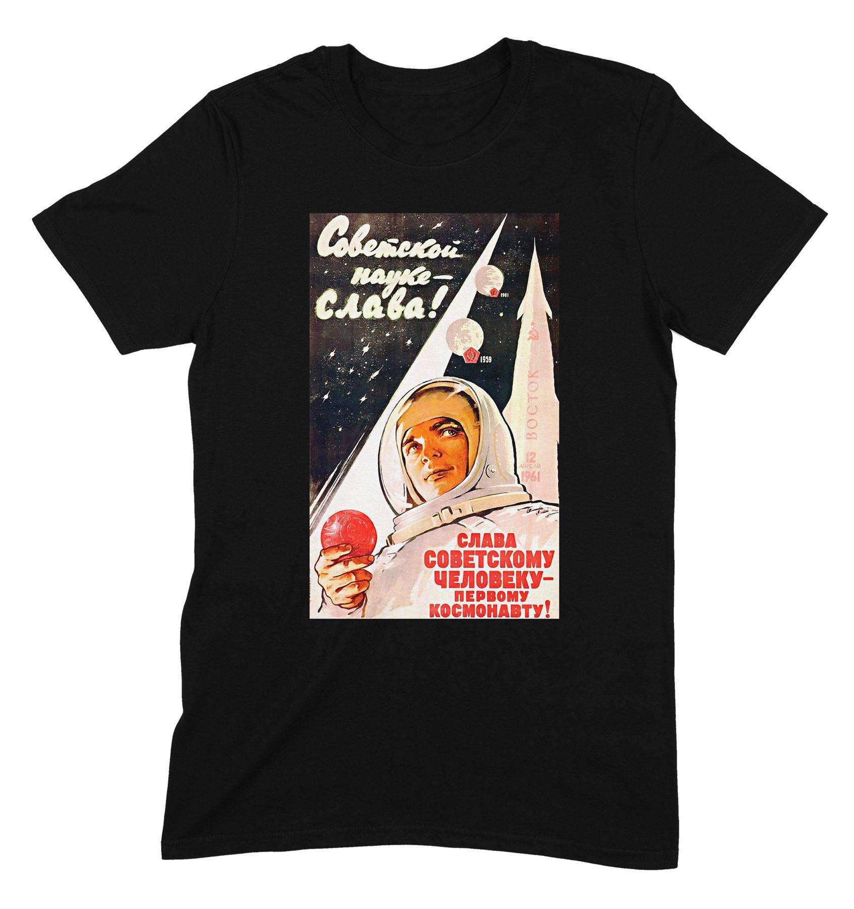 Glory to Soviet Science Soviet Space Race Propaganda Poster CCCP Communist Mens T-Shirt (3XL, Black)
