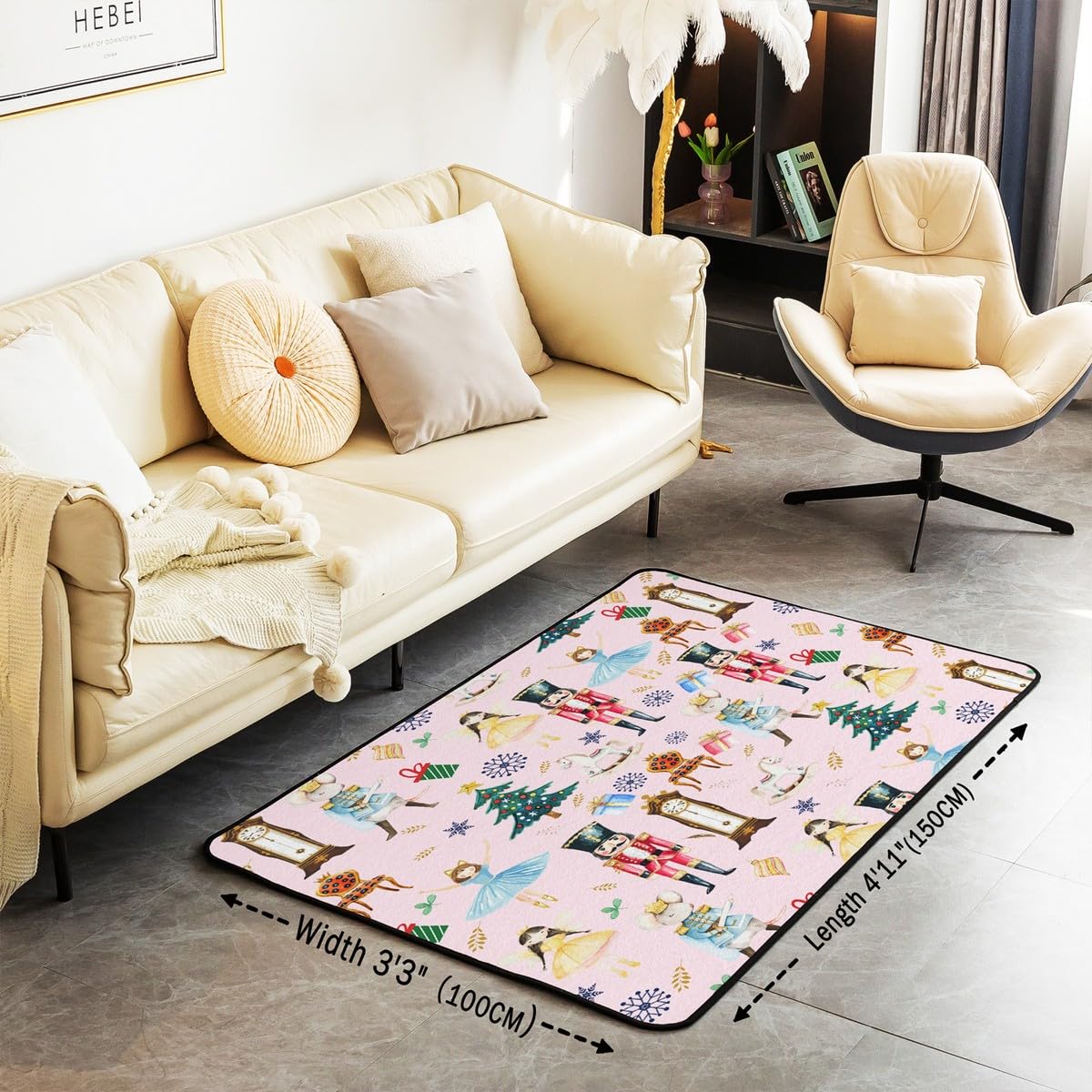 Homewish Różowy dywan bożonarodzeniowy 150 x 200 cm, dziecięcy dziadek do orzechów, karuzela żołnierz, mata podłogowa, balet, dziewczyna, choinka, dekoracyjny zmywalny dywan dla chłopca, dziewczynki