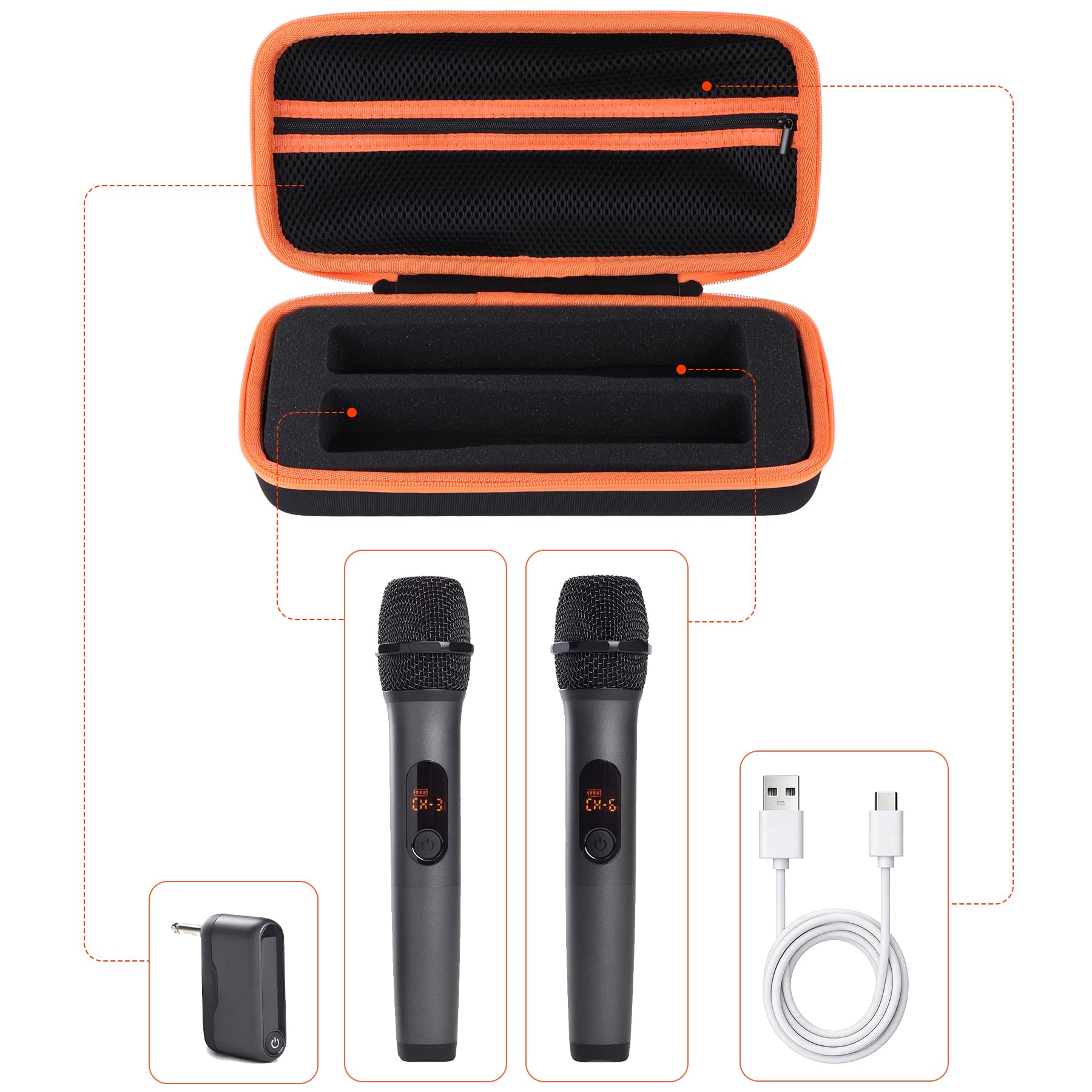 Dur Étui de Protection Compatible avec JBL PartyBox 2 Microphones numériques (Noir + Orange Zip)