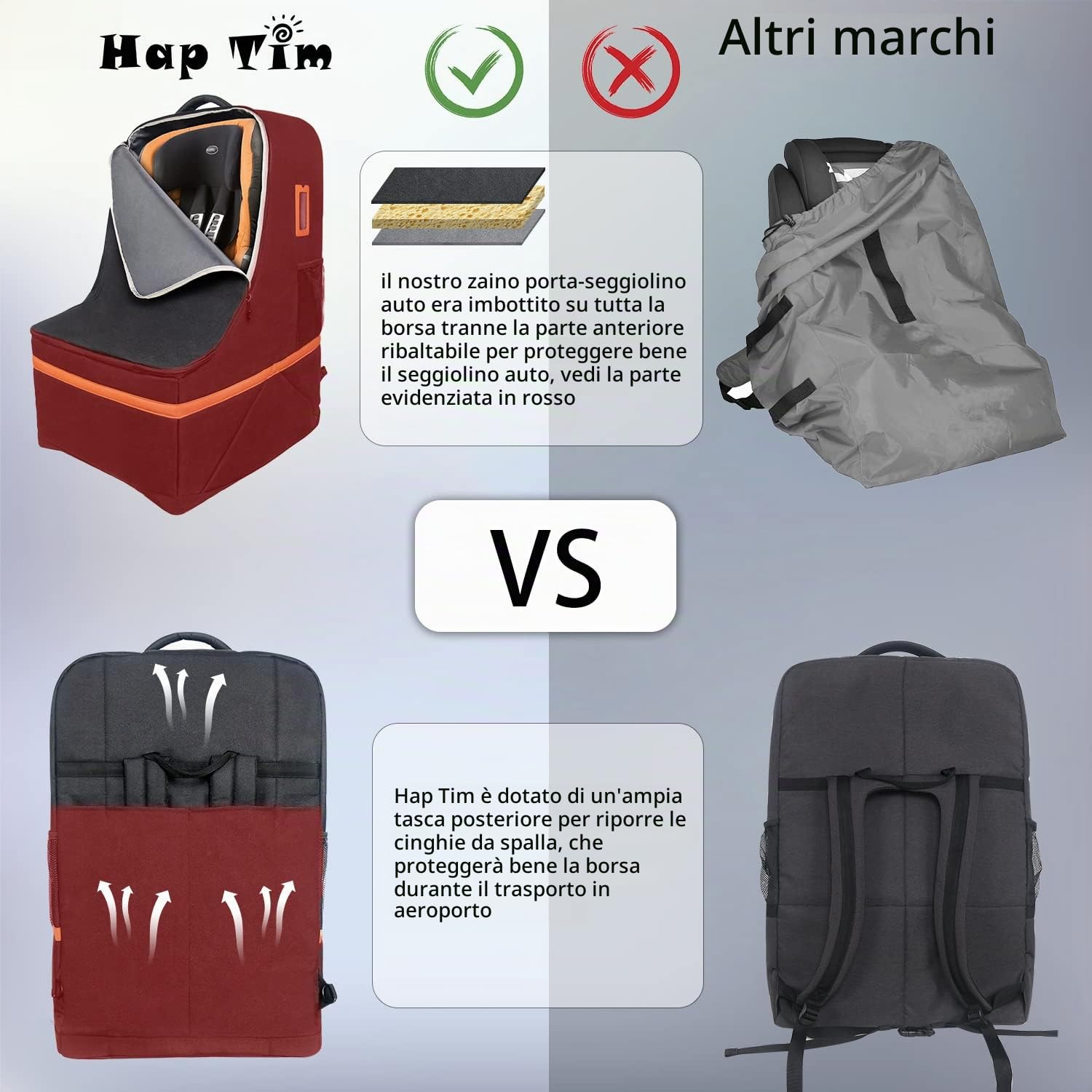 Hap Tim Borsa da viaggio per seggiolino auto, copertura imbottita per seggiolino auto, per aeroplano, trasportino per seggiolino auto portatile per oggetti essenziali per aeroporti, zaino da viaggio