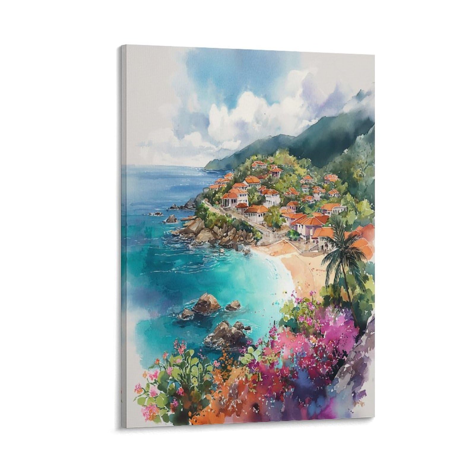 XWYMXZ Grenada Watercolor Painting Caribbean Travel Poster Tree 20x30inch(50x75cm) Vintage Watercolor Canvas Art